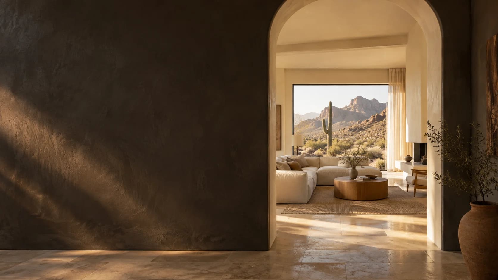 Color inspiration: a sunlit Arizona living room seen through a warm ivory archway